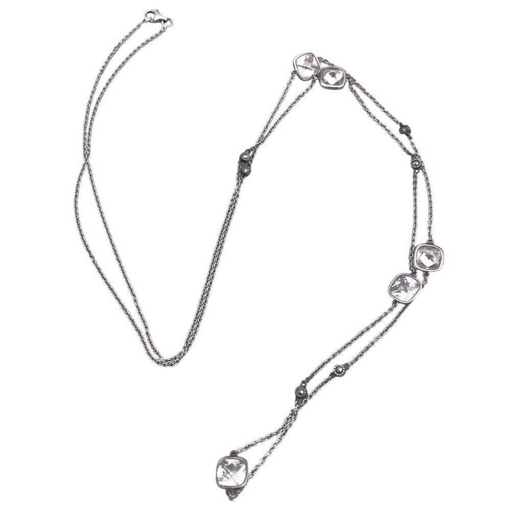 925 Sterling Silver Seqaure Crystal XO Marked Chain Necklace 36 Inches